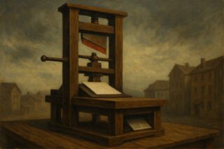 La imprenta de guttemberg provocó una revolución. Imagen de una guillotina/imprenta.