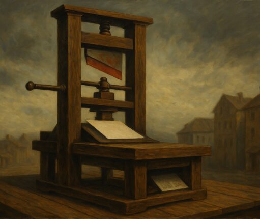 La imprenta de guttemberg provocó una revolución. Imagen de una guillotina/imprenta.