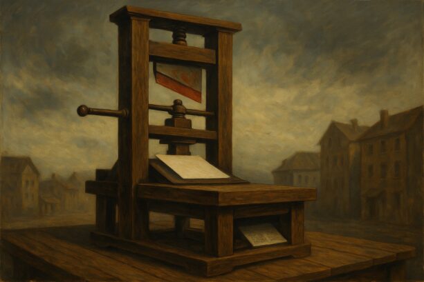 La imprenta de guttemberg provocó una revolución. Imagen de una guillotina/imprenta.